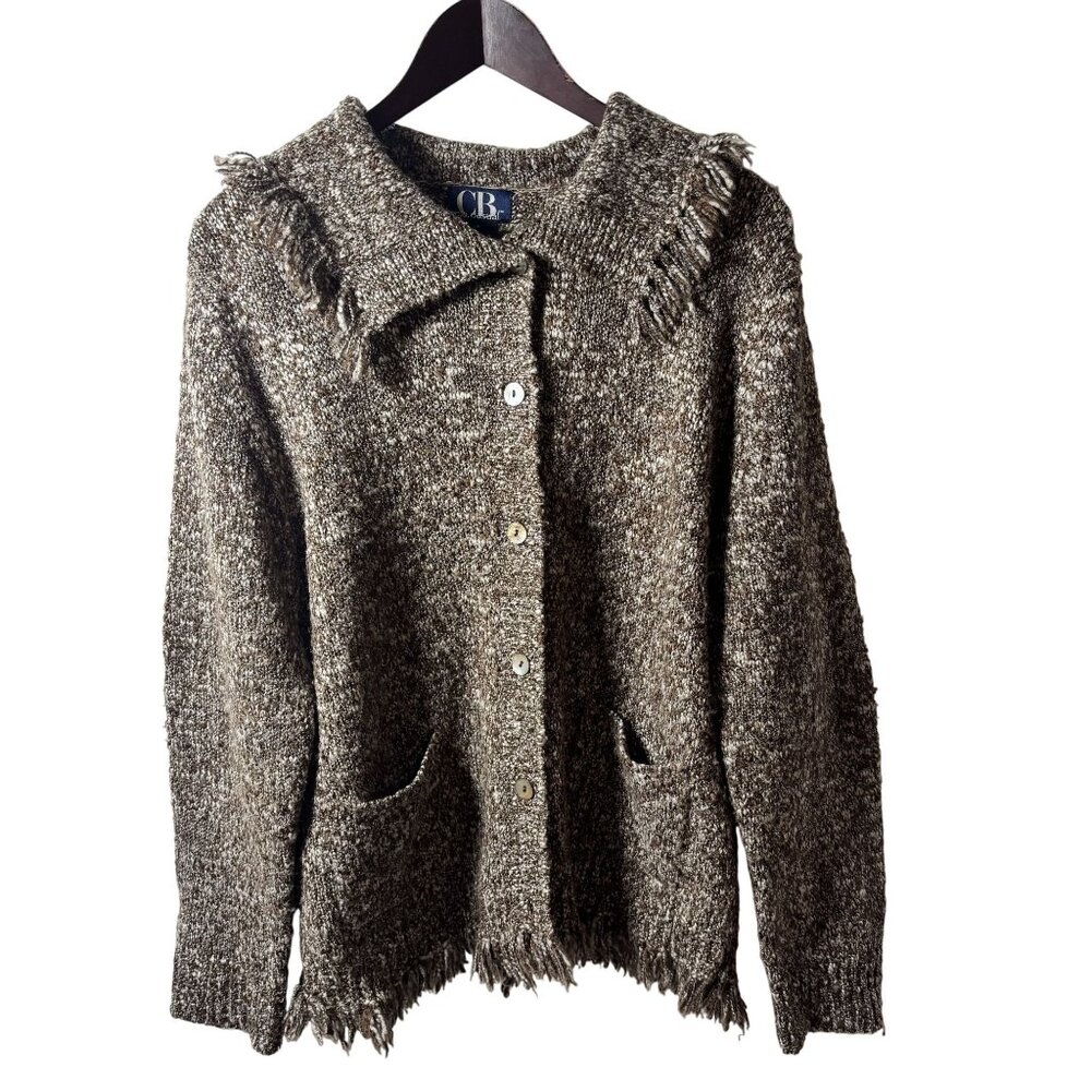 Womens Large Textured Brown Wool Blend Knit Cardigan Sweater fringe hem Boho